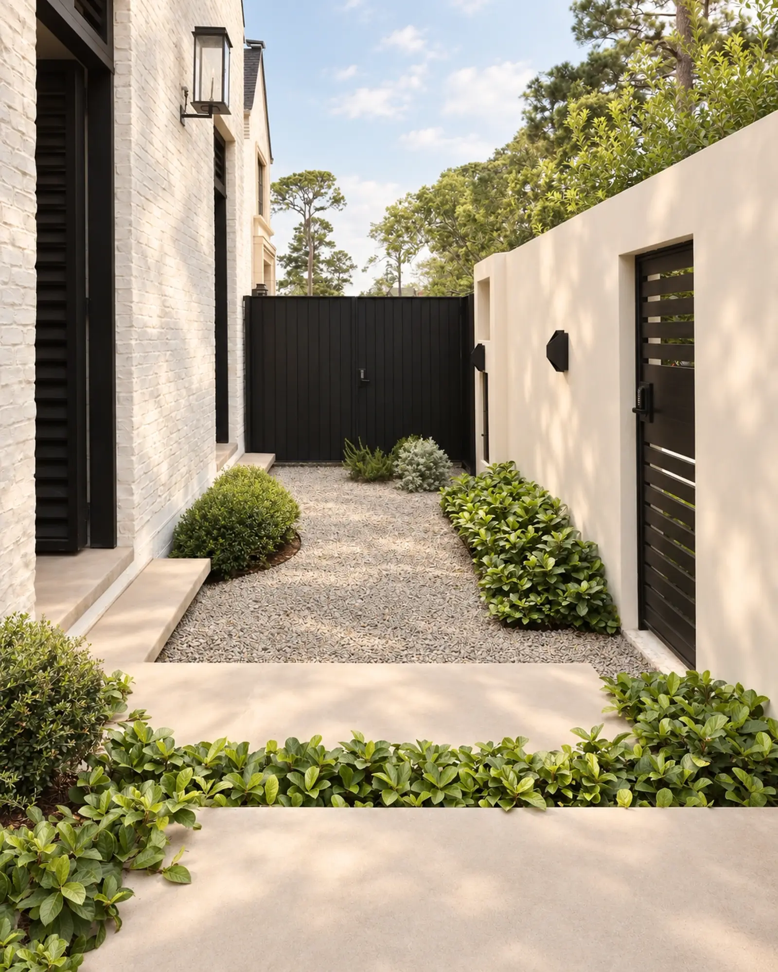 Gravel path and planting leading to a dark garden gate beside a white house