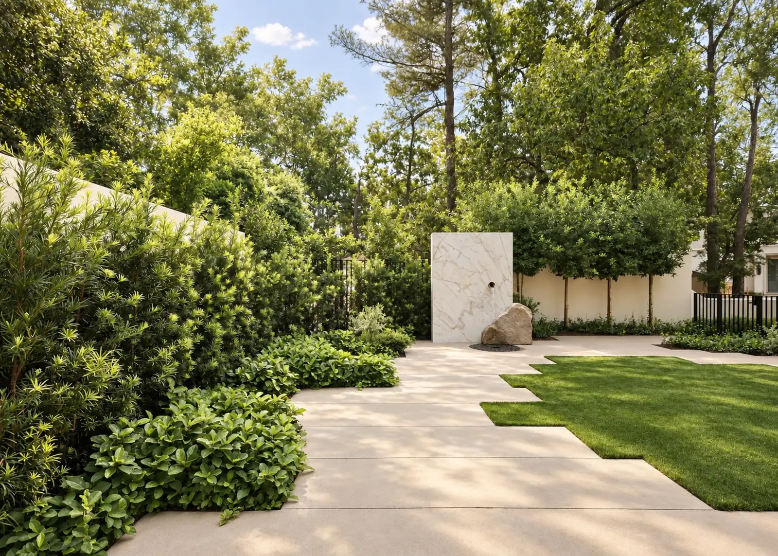 Pale stone path crossing a lawn toward a marble fountain wall under tall pines