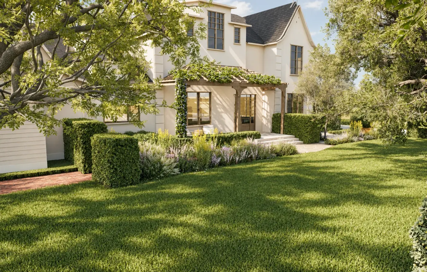 Rendering of a lawn and planted borders beside a white house with a vine-covered pergola