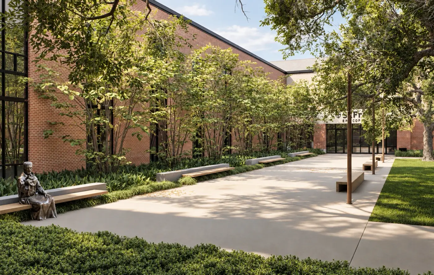 Rendering of a campus walk with benches under trees beside a brick building