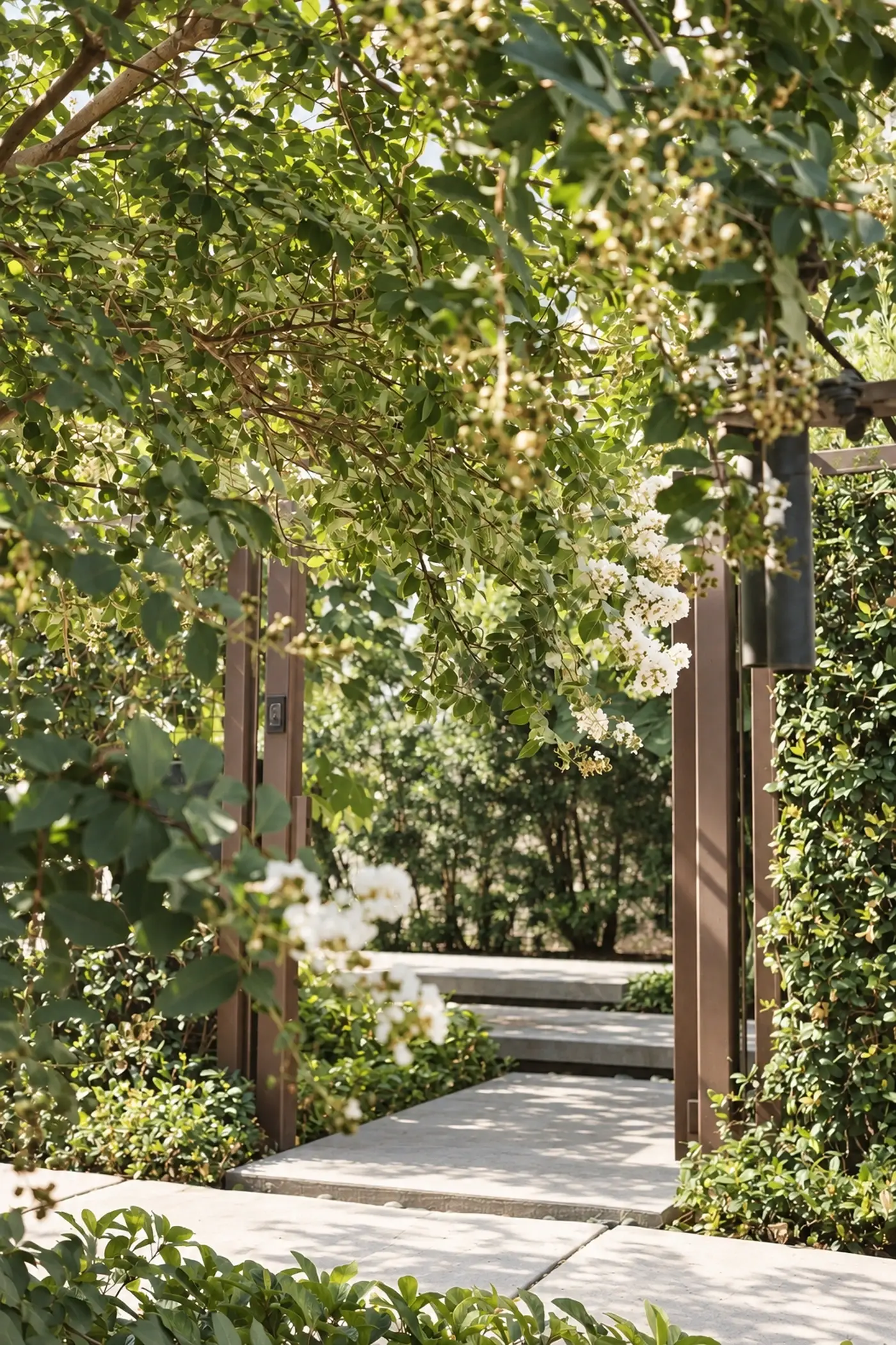 Shaded stone path through a steel gate framed by trees