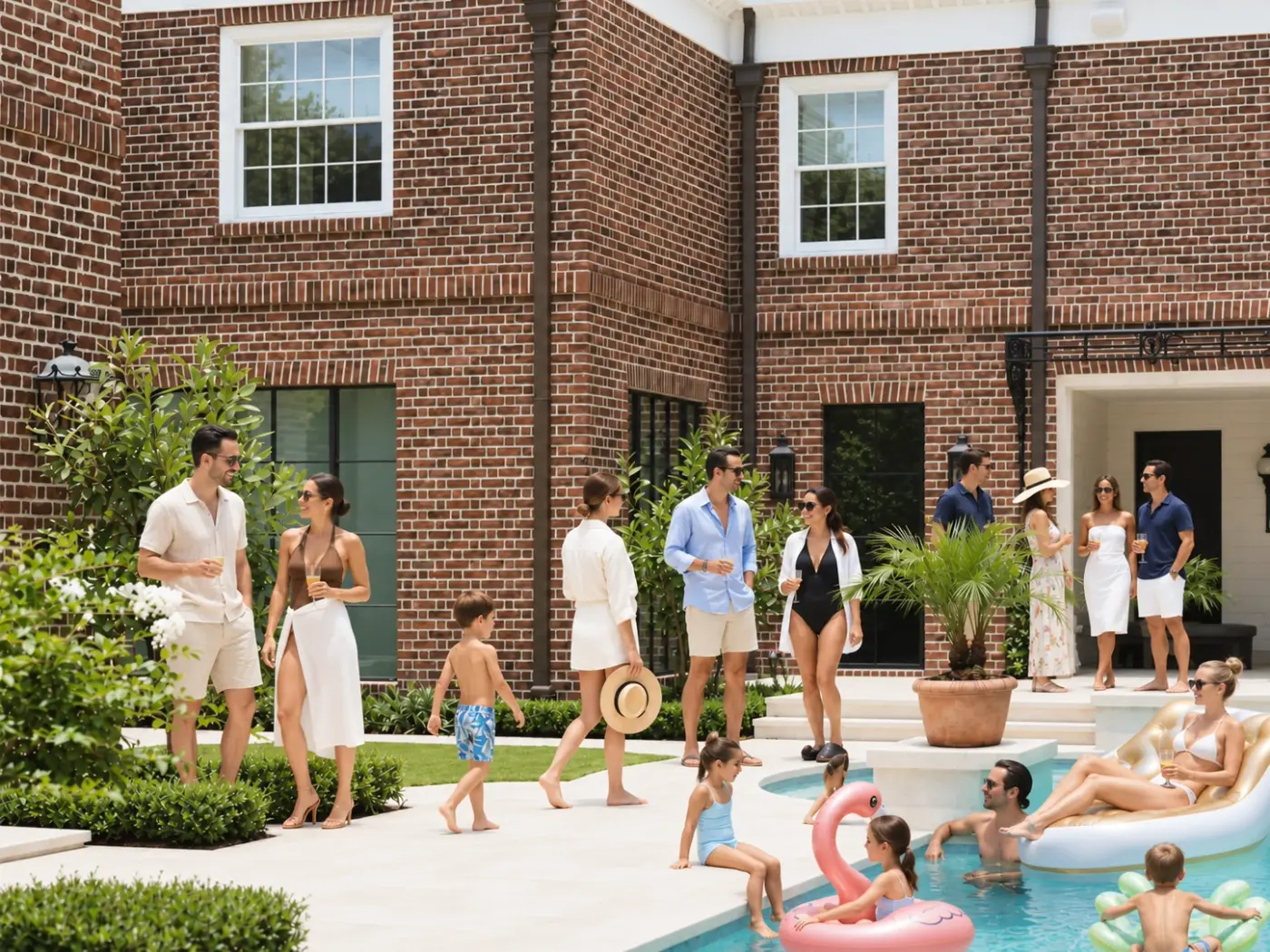 Family and friends gathered around a pool beside a brick house