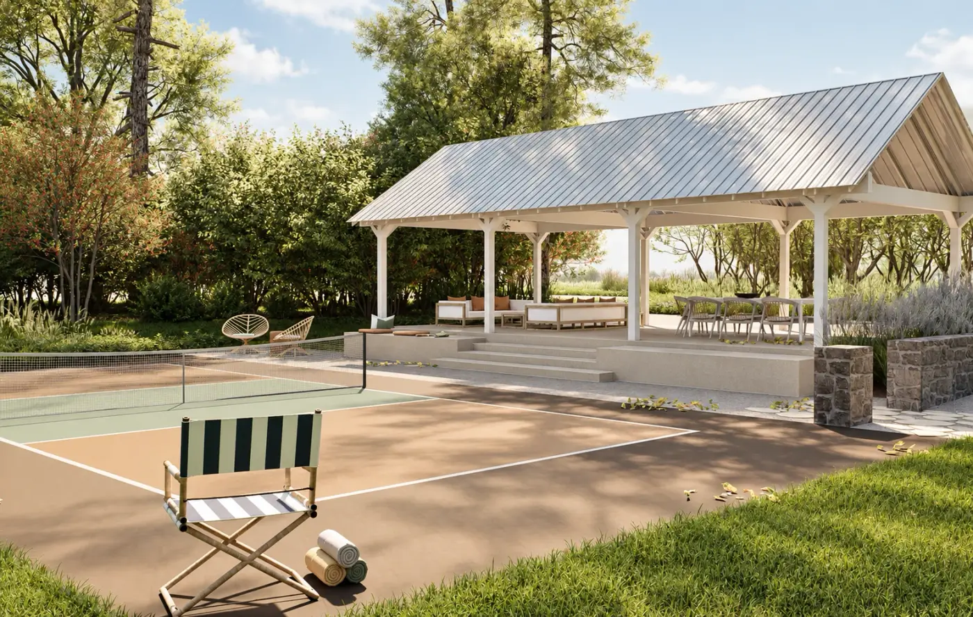 Rendering of a pavilion beside a sport court with a striped chair