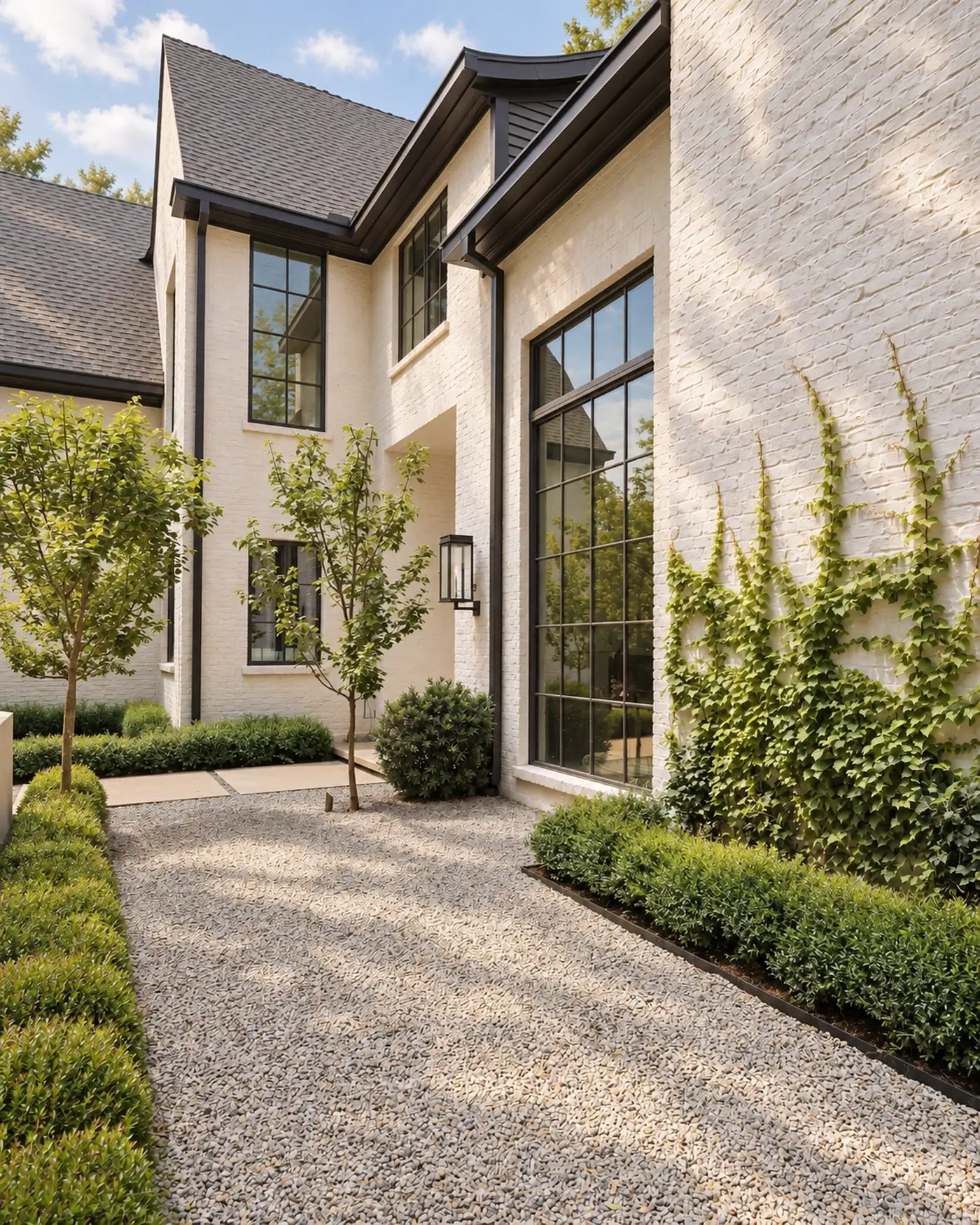 Gravel side path lined with clipped boxwood beside a white brick house