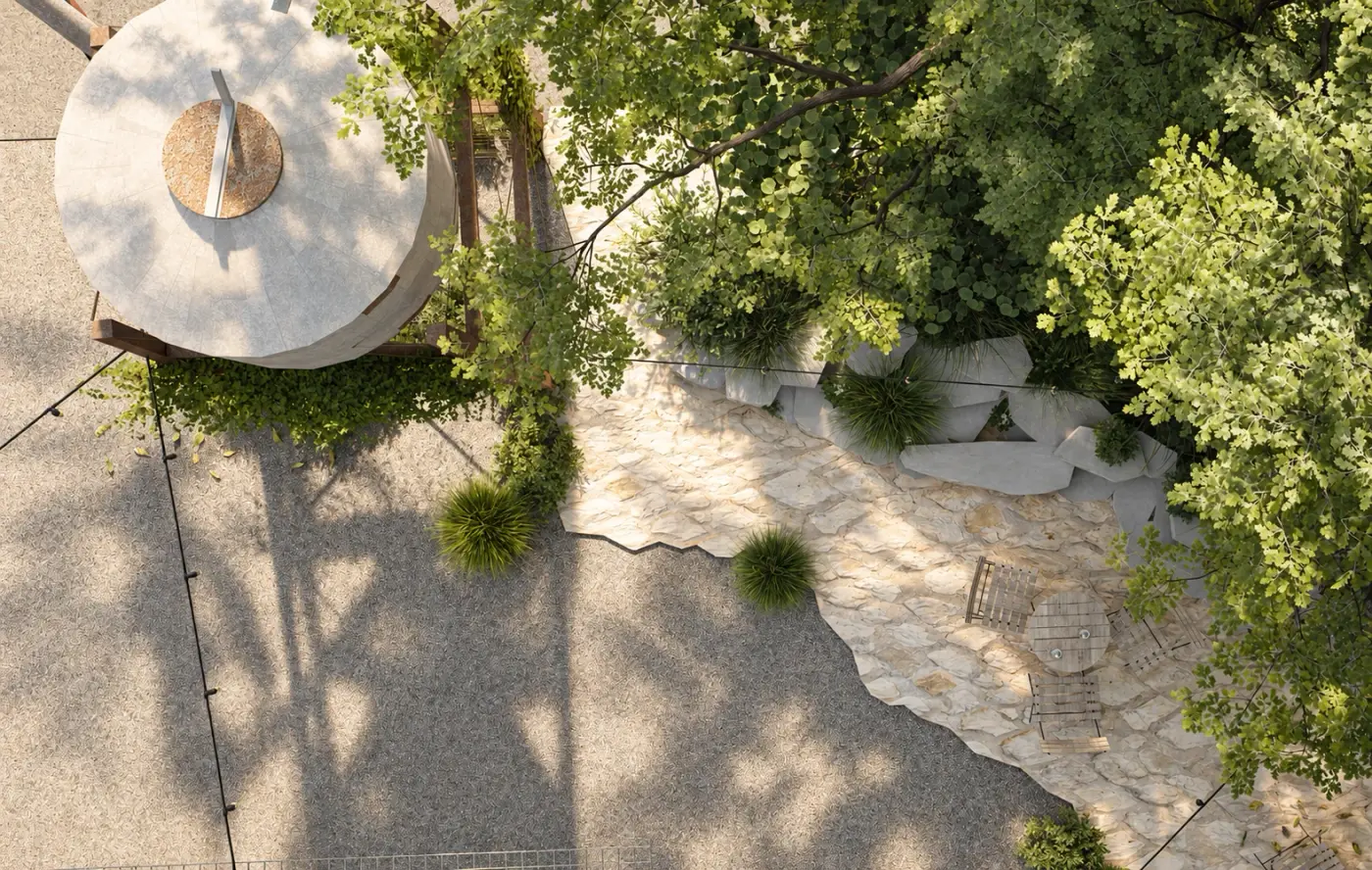 Rendering of a millstone and boulders on a gravel courtyard seen from above
