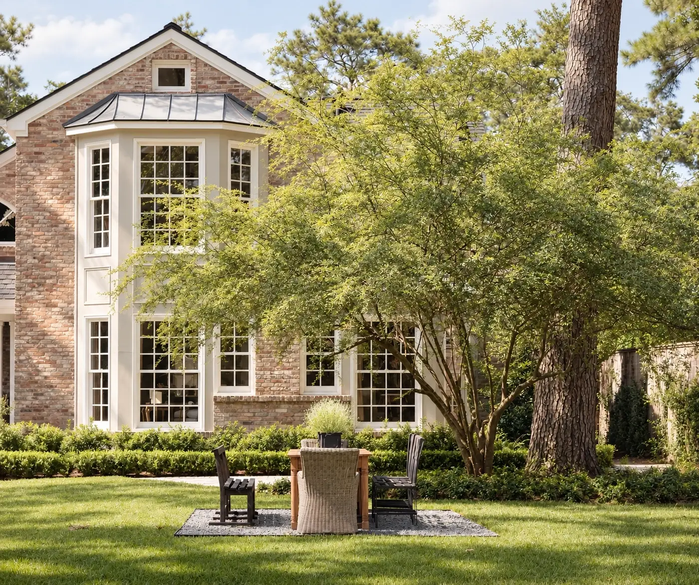 Brick house with a bay window, a table on the lawn and a spreading tree