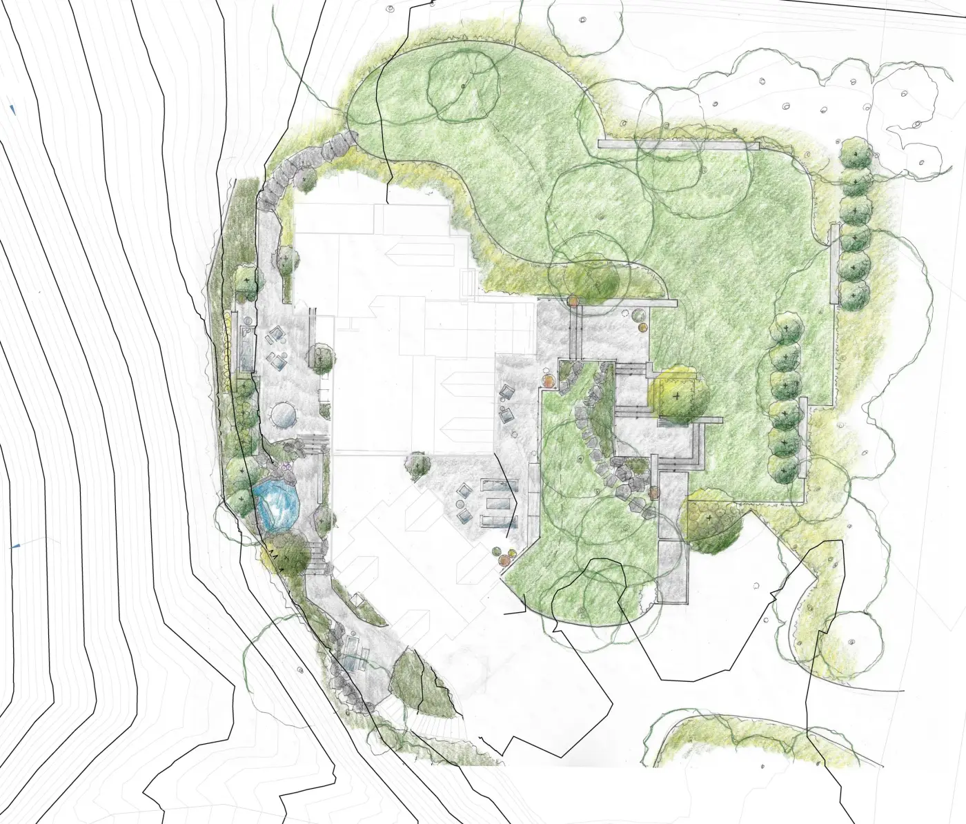 Site plan with contour lines and planting areas