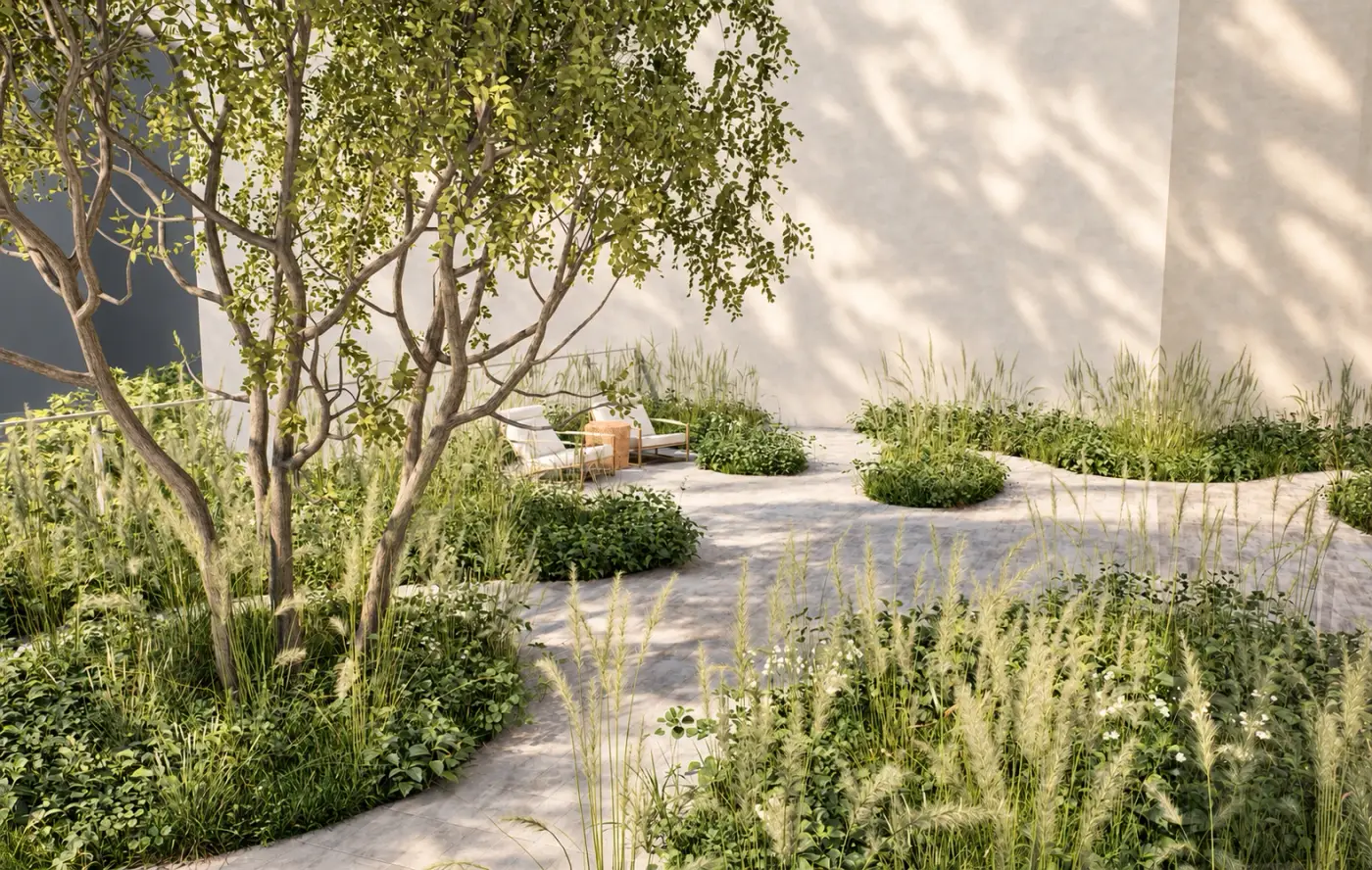 Rendering of a rooftop garden with curving gravel paths and grasses