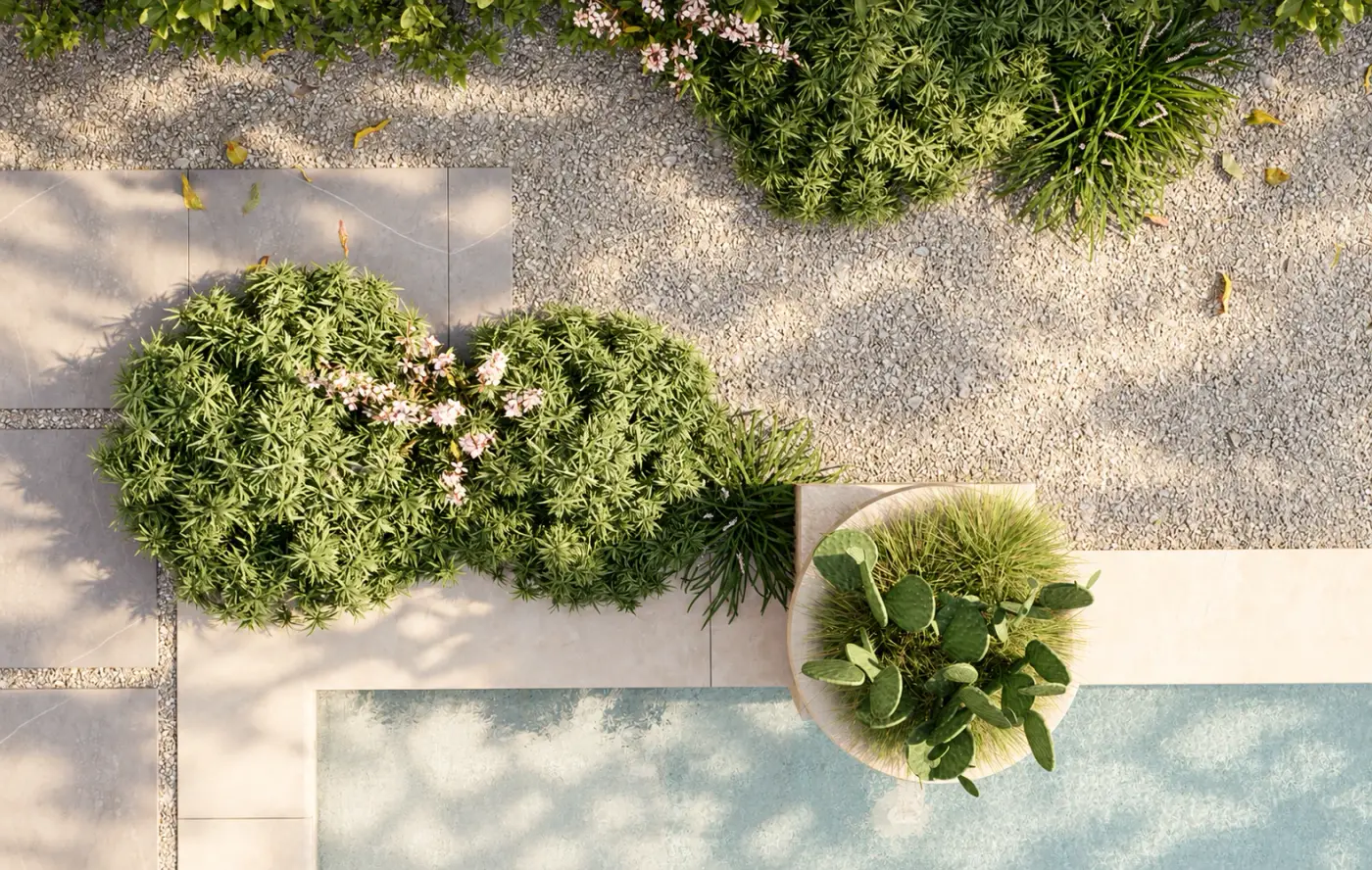 Rendering of a pool, planted urn and gravel garden seen from above