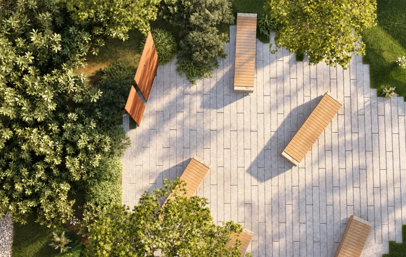 Rendering of timber benches on a stone courtyard seen from above