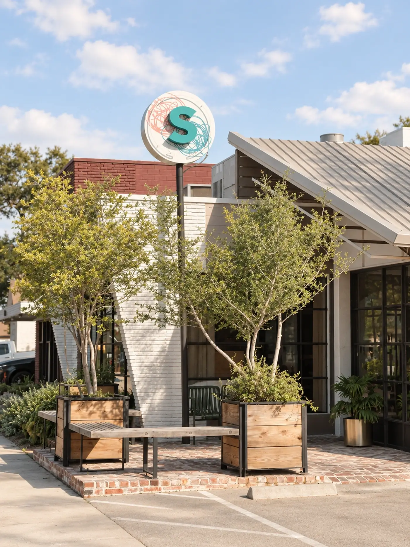Restaurant frontage with trees in timber planters