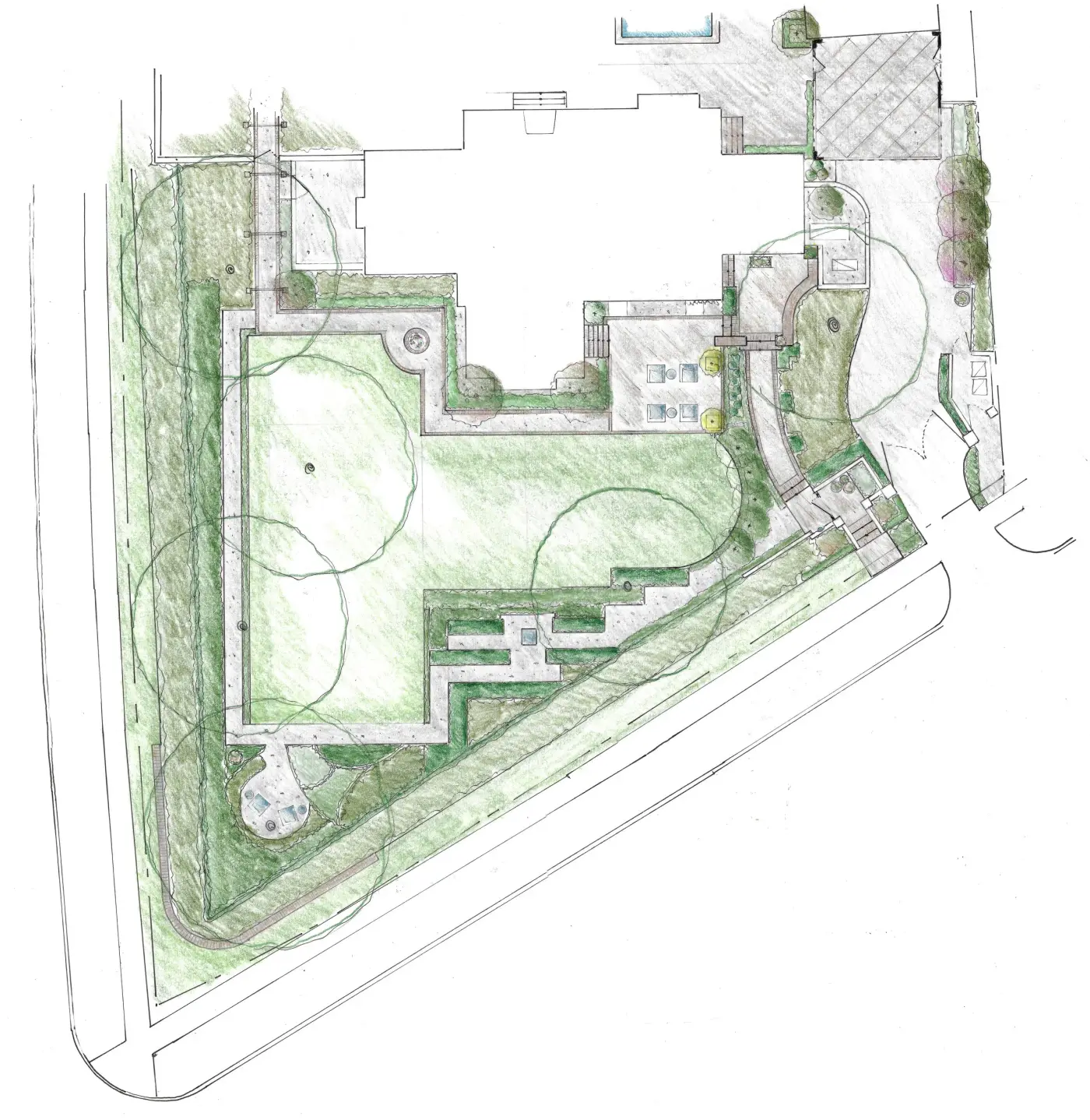 Hand-colored concept plan of a garden wrapping a house