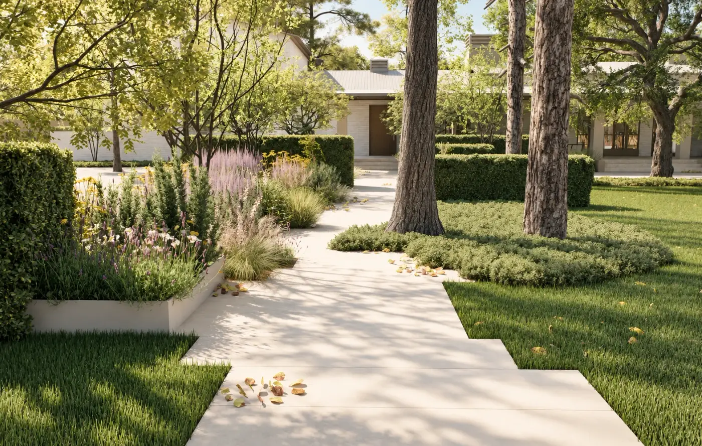 Rendering of a concrete walk through grasses and lawn beneath tall pines