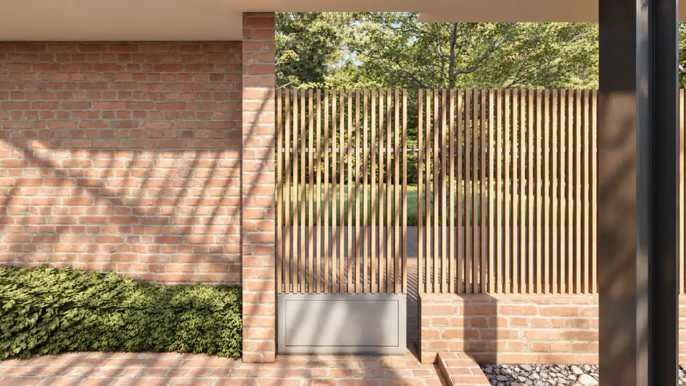 Rendering of a slatted timber gate in a brick wall