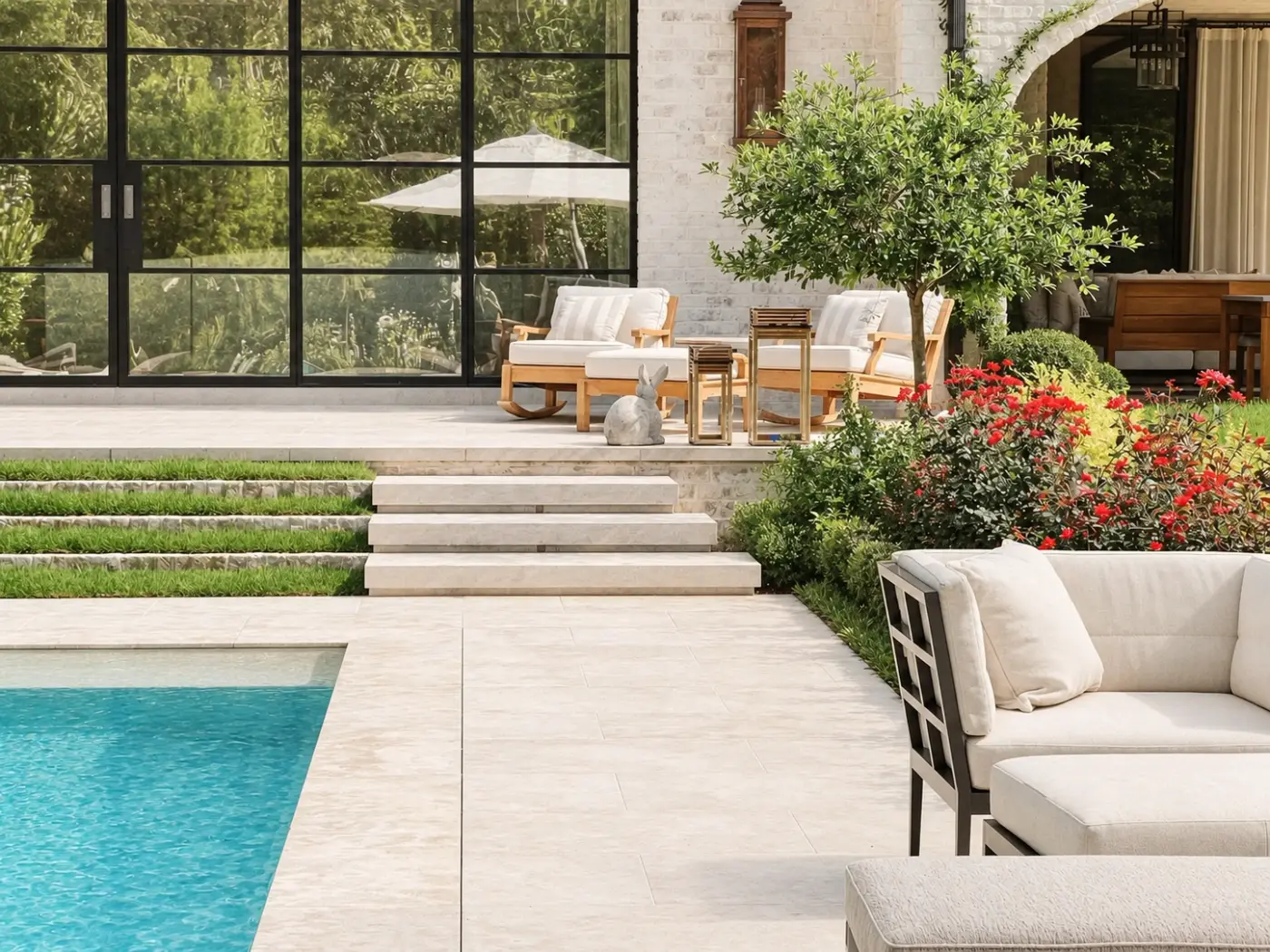 Pool terrace with limestone steps and outdoor seating
