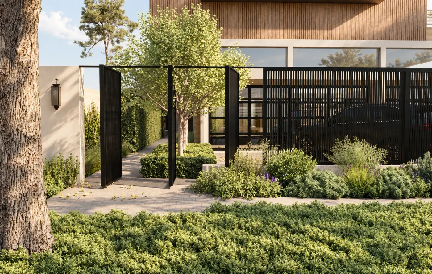 Rendering of an entry court with a black metal screen, planting and a tall pine