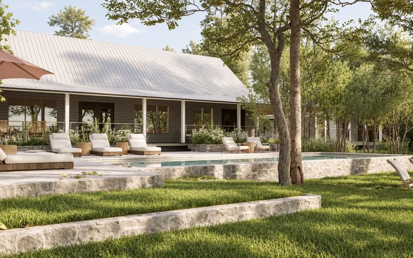 Rendering of a ranch house with lawn terraces, loungers and a pool
