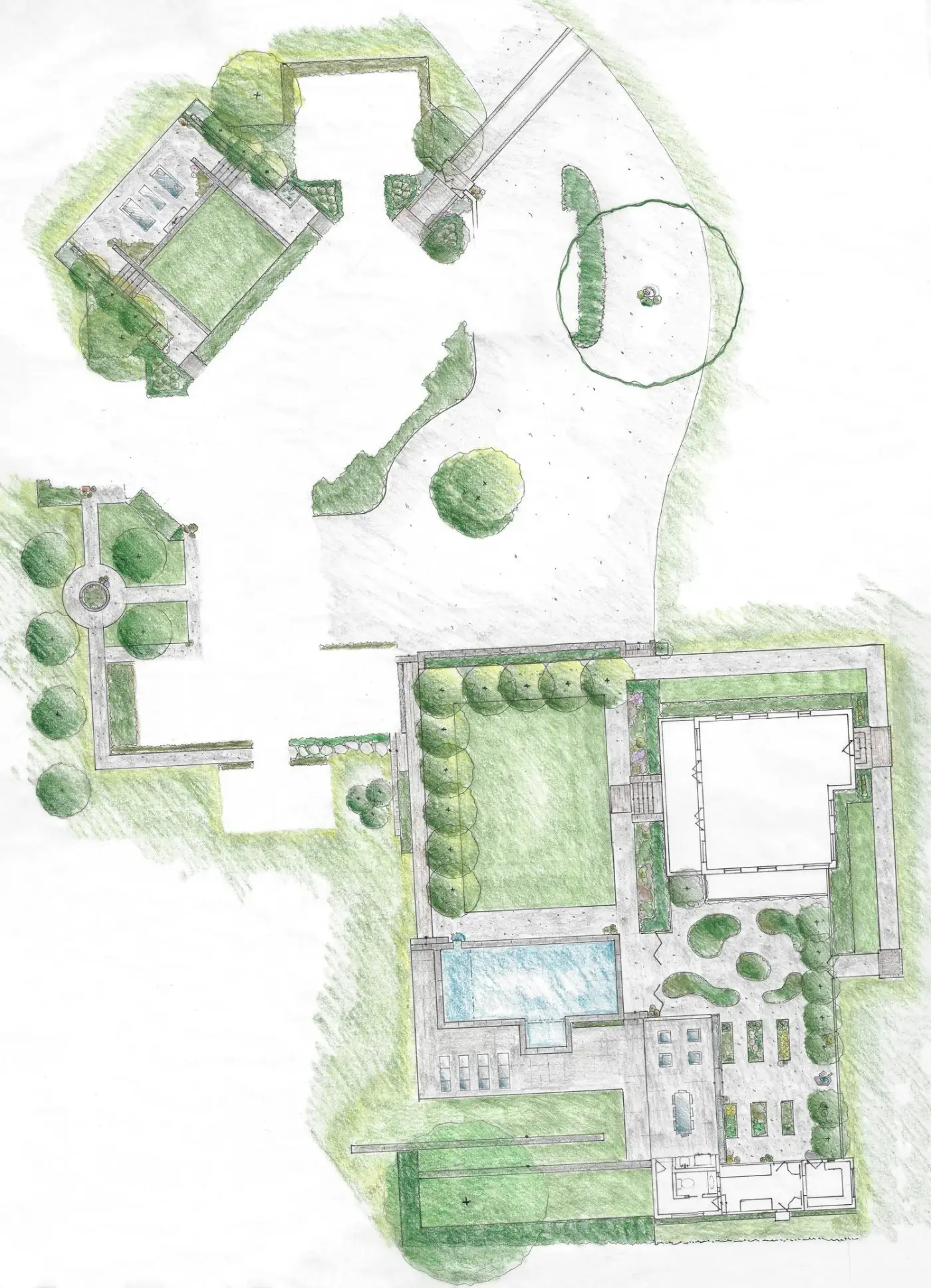 Hand-colored site plan of an estate garden