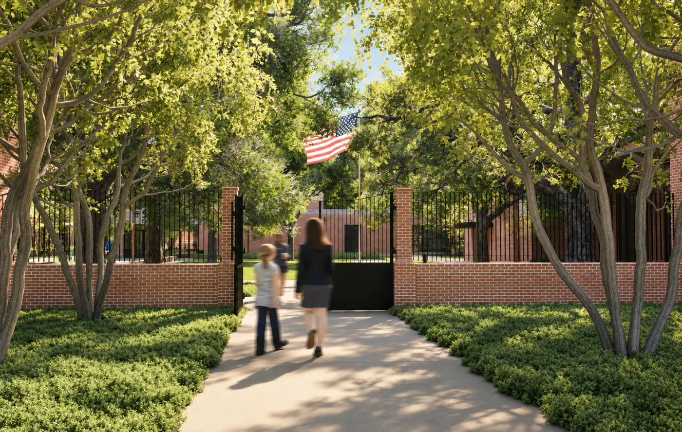 Rendering of a family walking through a gate in a brick and metal wall