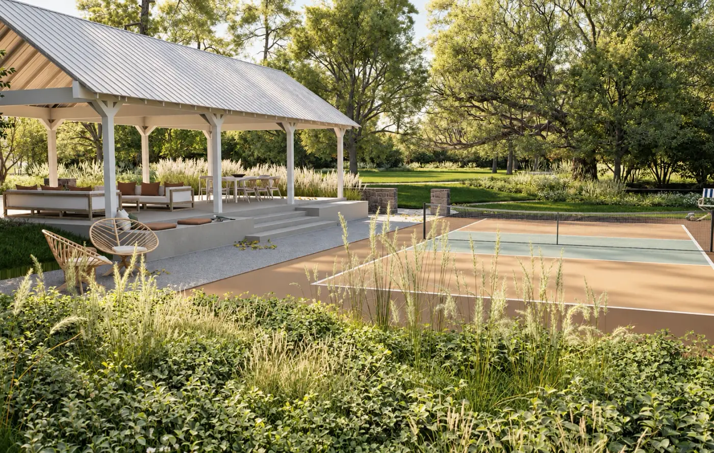 Rendering of a white pavilion beside a sport court seen across grasses