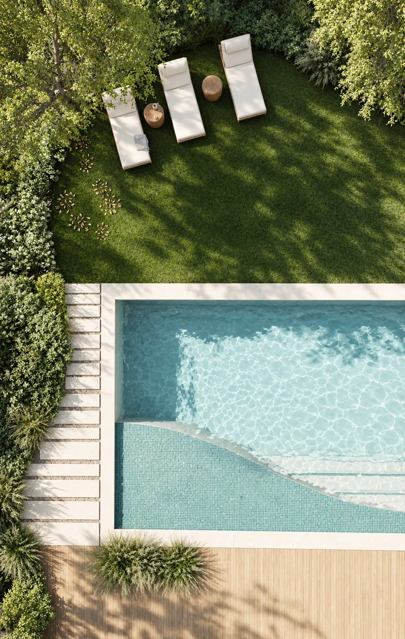 Rendering of a pool and lawn with loungers seen from above