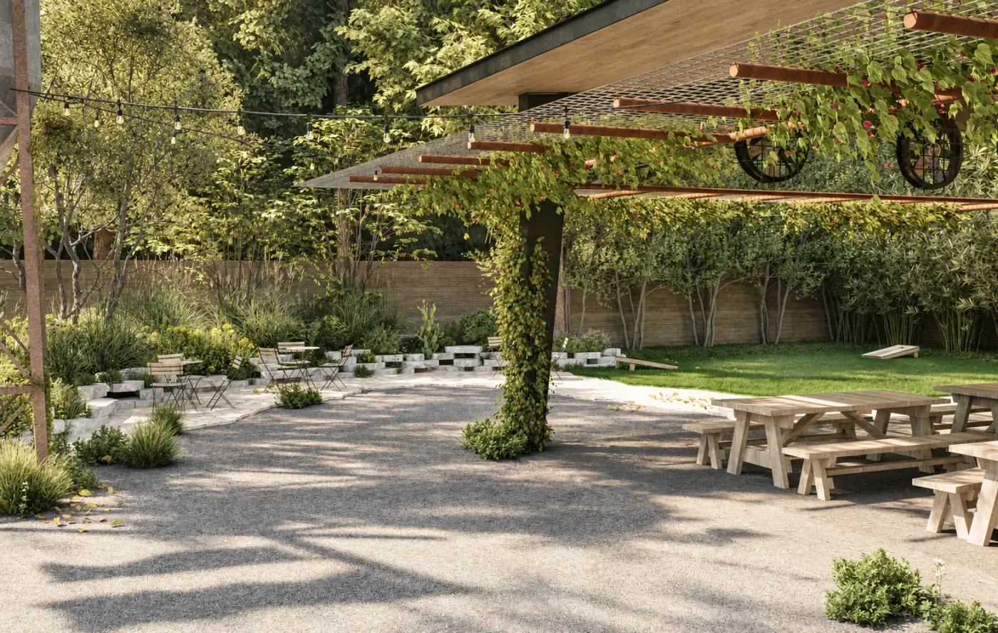 Rendering of a gravel courtyard under a timber pergola with picnic tables and a lawn beyond