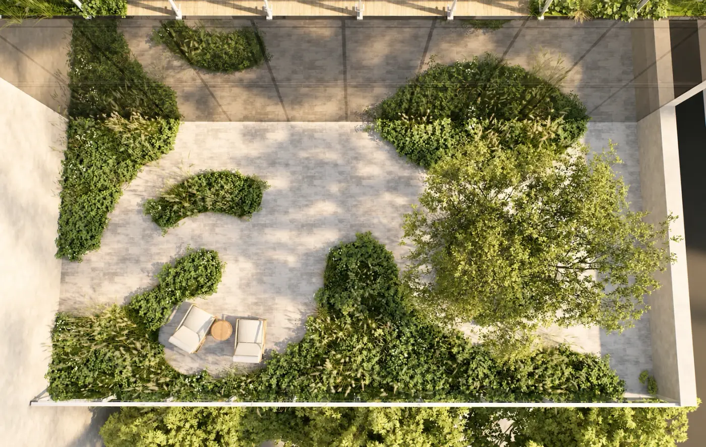 Rendering of a rooftop garden of planting islands seen from above