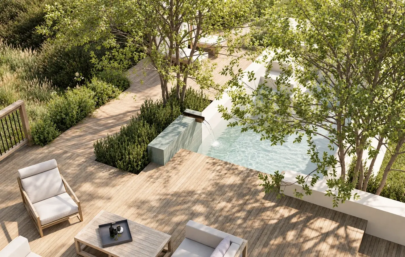 Rendering of a timber deck among trees