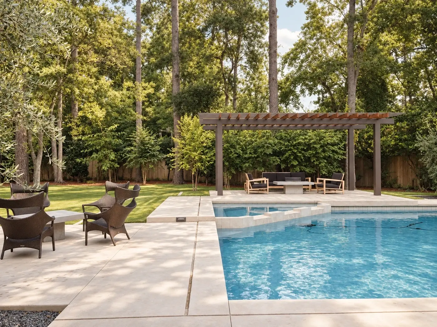 Pool terrace with a pergola under tall pines