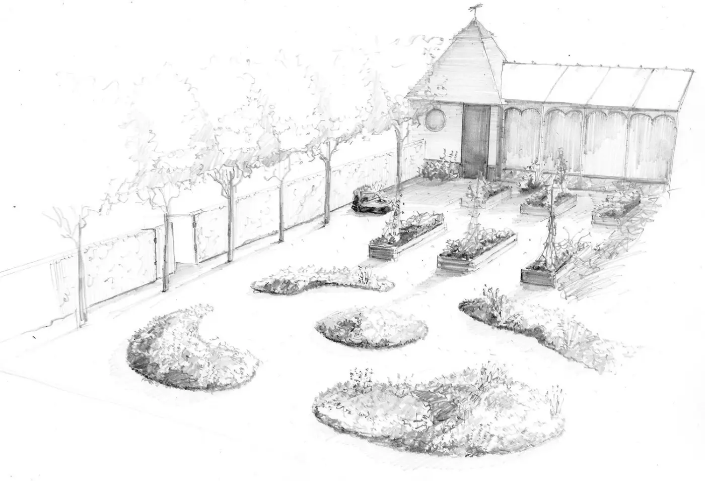Pencil sketch of an orchard and kitchen garden