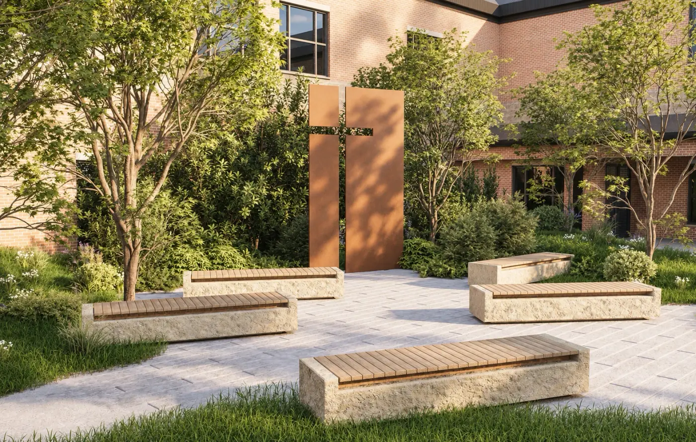 Rendering of a school courtyard with stone benches and young trees