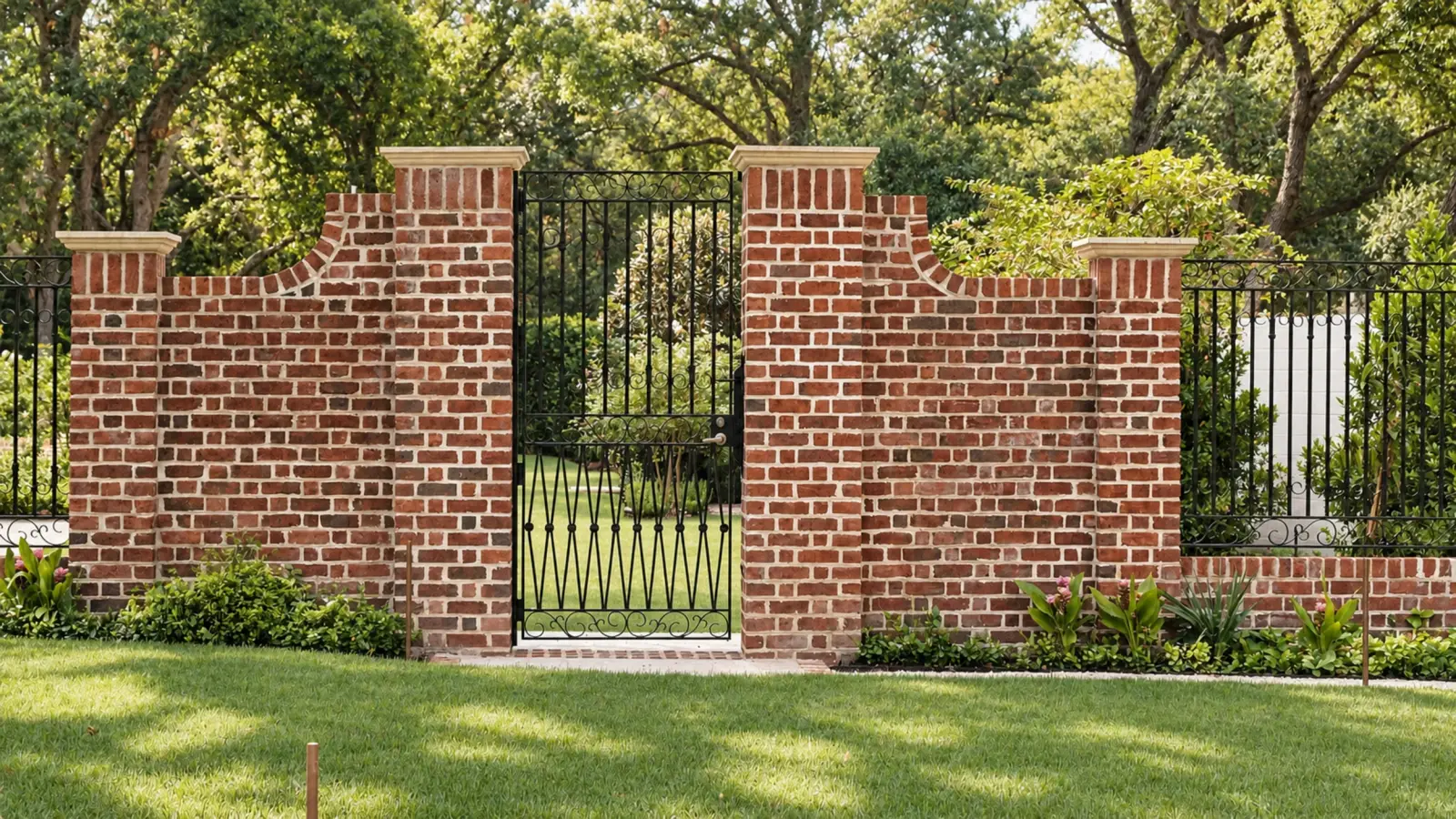Brick garden wall with an iron gate
