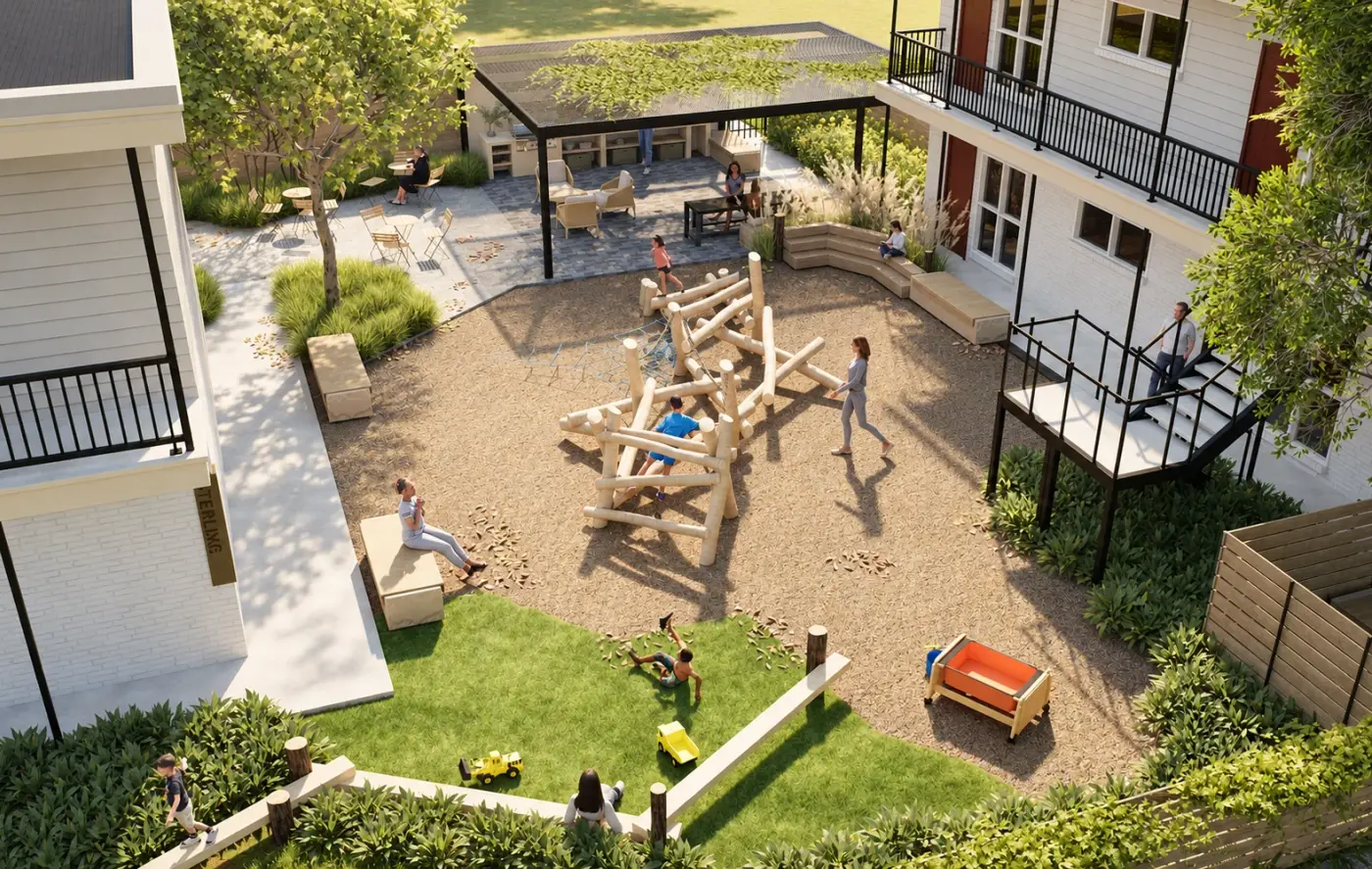Rendering of a playground with a timber climbing structure beside an apartment building