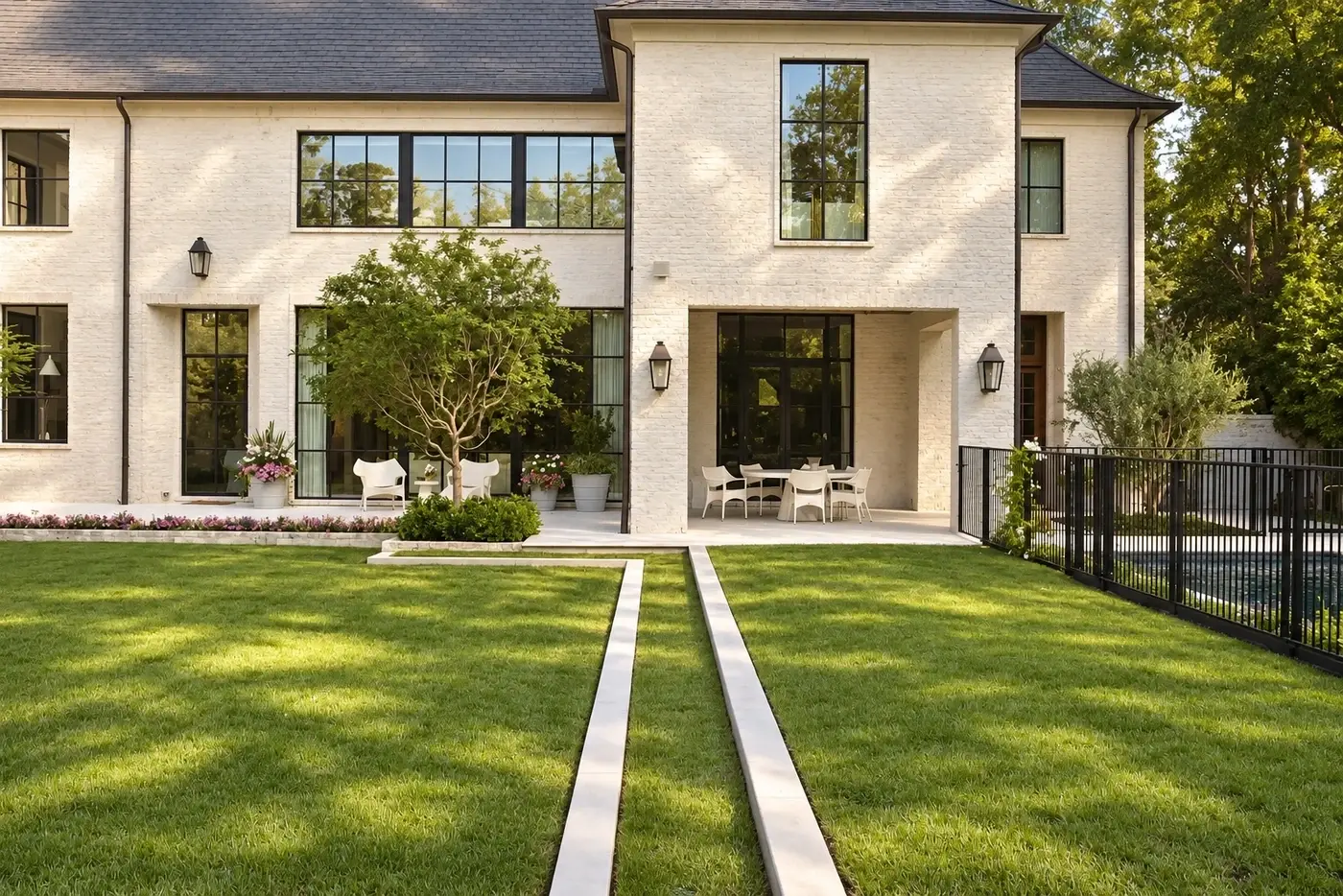 Lawn with twin stone runnels leading to a brick house