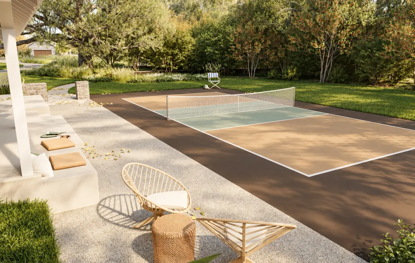 Rendering of a sport court with chairs beside a covered porch
