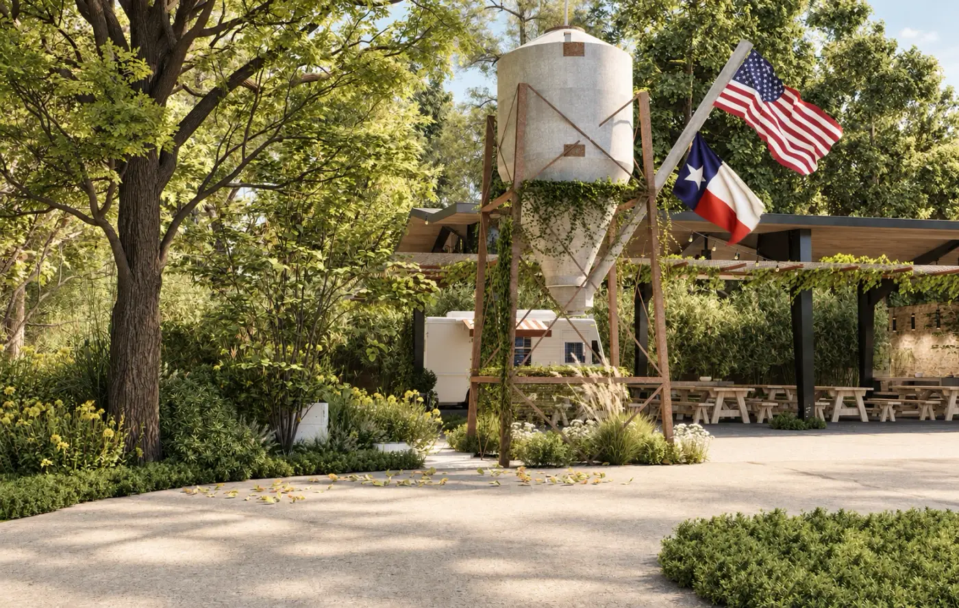Rendering of a courtyard with picnic tables, a water tower and a Texas flag