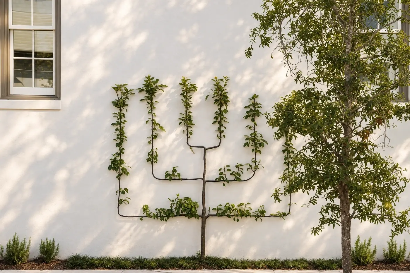 Espaliered tree trained against a white wall