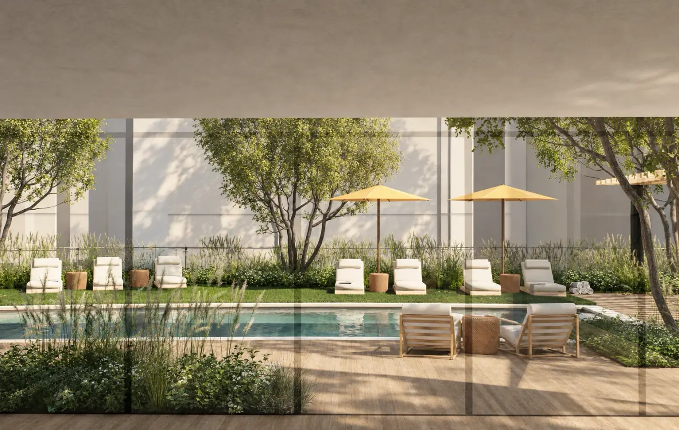 Rendering of a rooftop pool deck with loungers, yellow umbrellas and a multi-stem tree