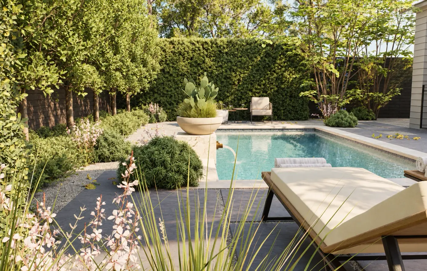Rendering of a pool and daybed framed by grasses and a hedged garden