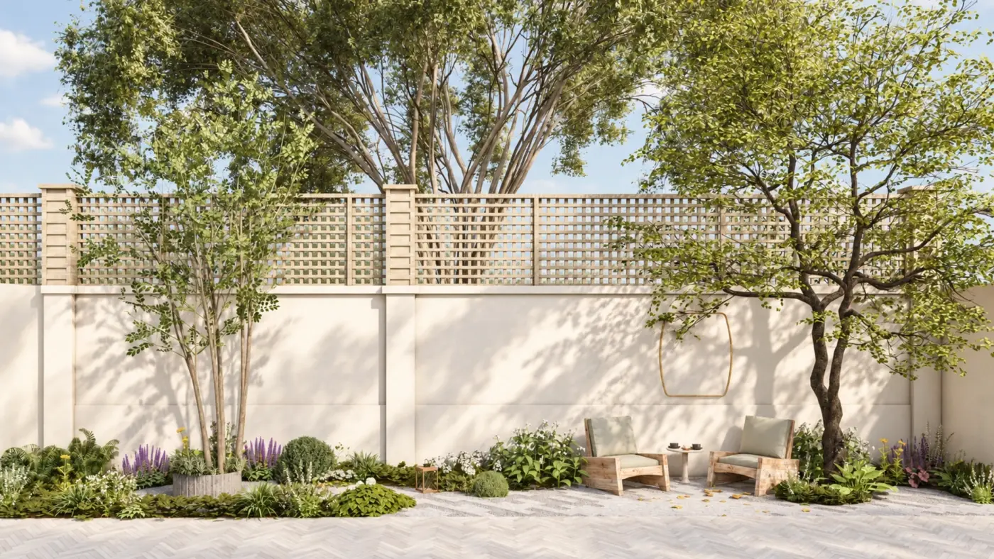 Rendering of a lattice garden wall with seating