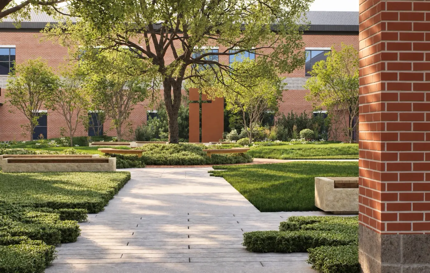 Rendering of a school courtyard with a central walk between lawns and hedges