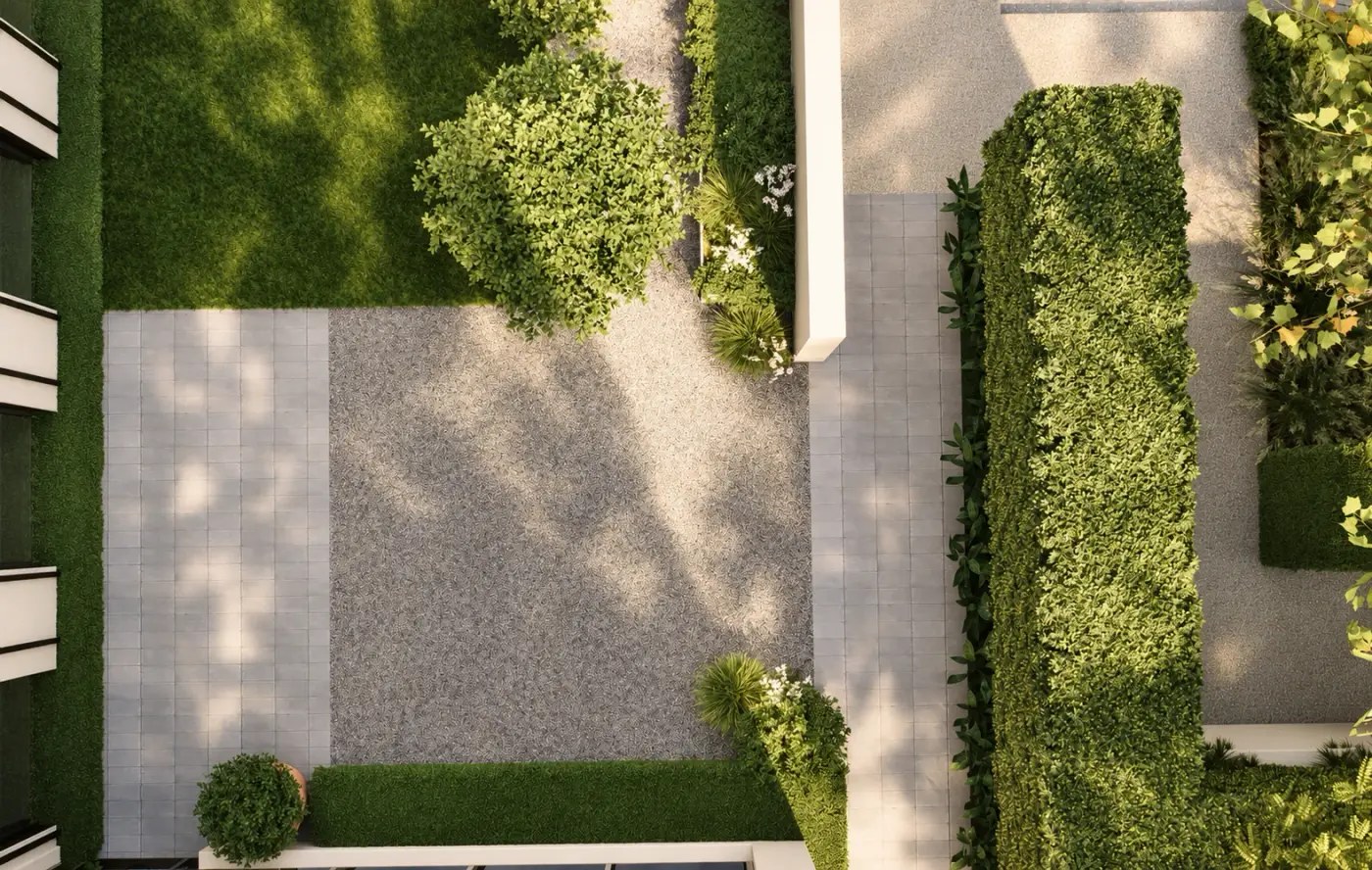 Rendering of a paved courtyard between clipped hedges seen from above