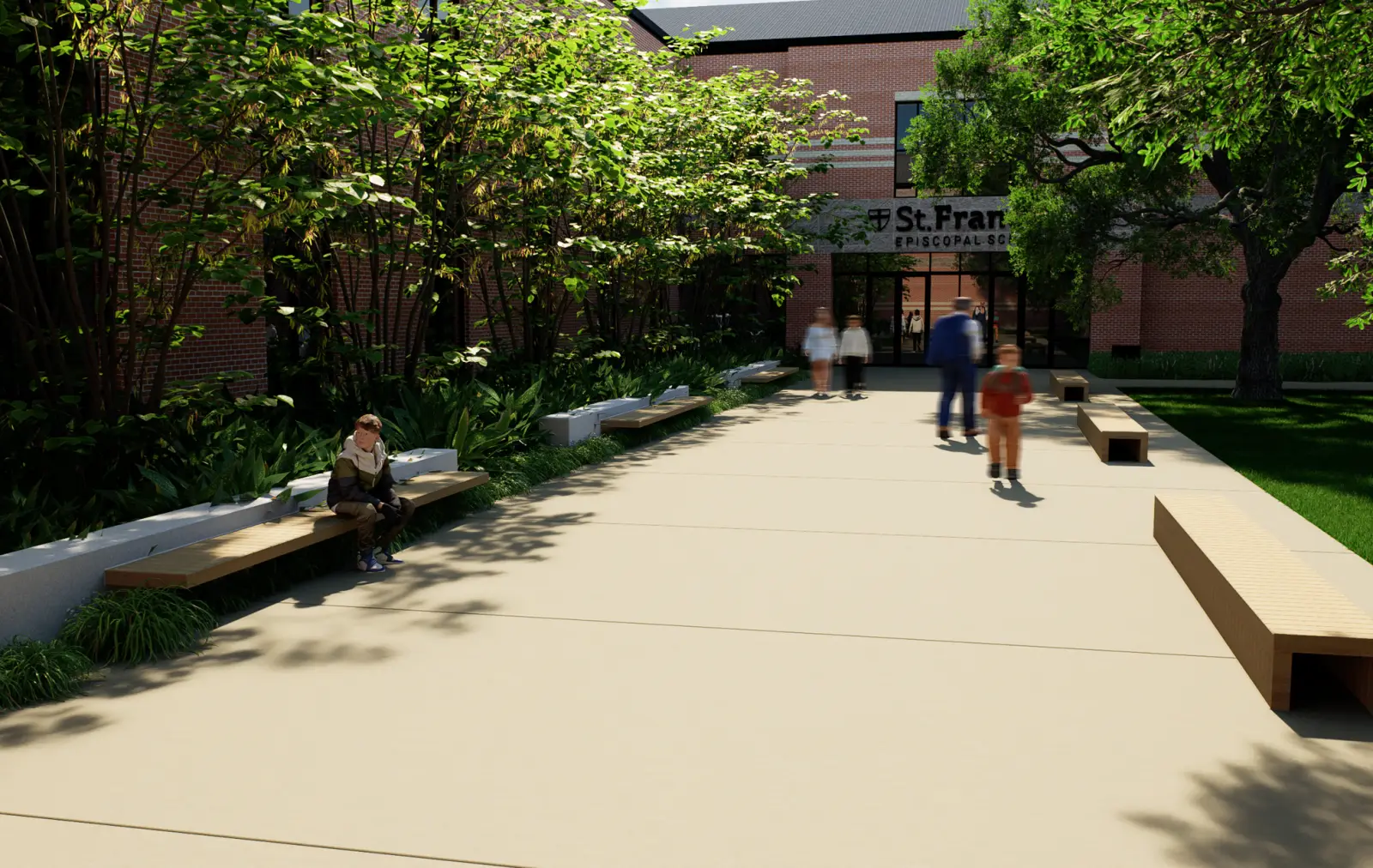 Rendering of a wide campus walk with benches under trees