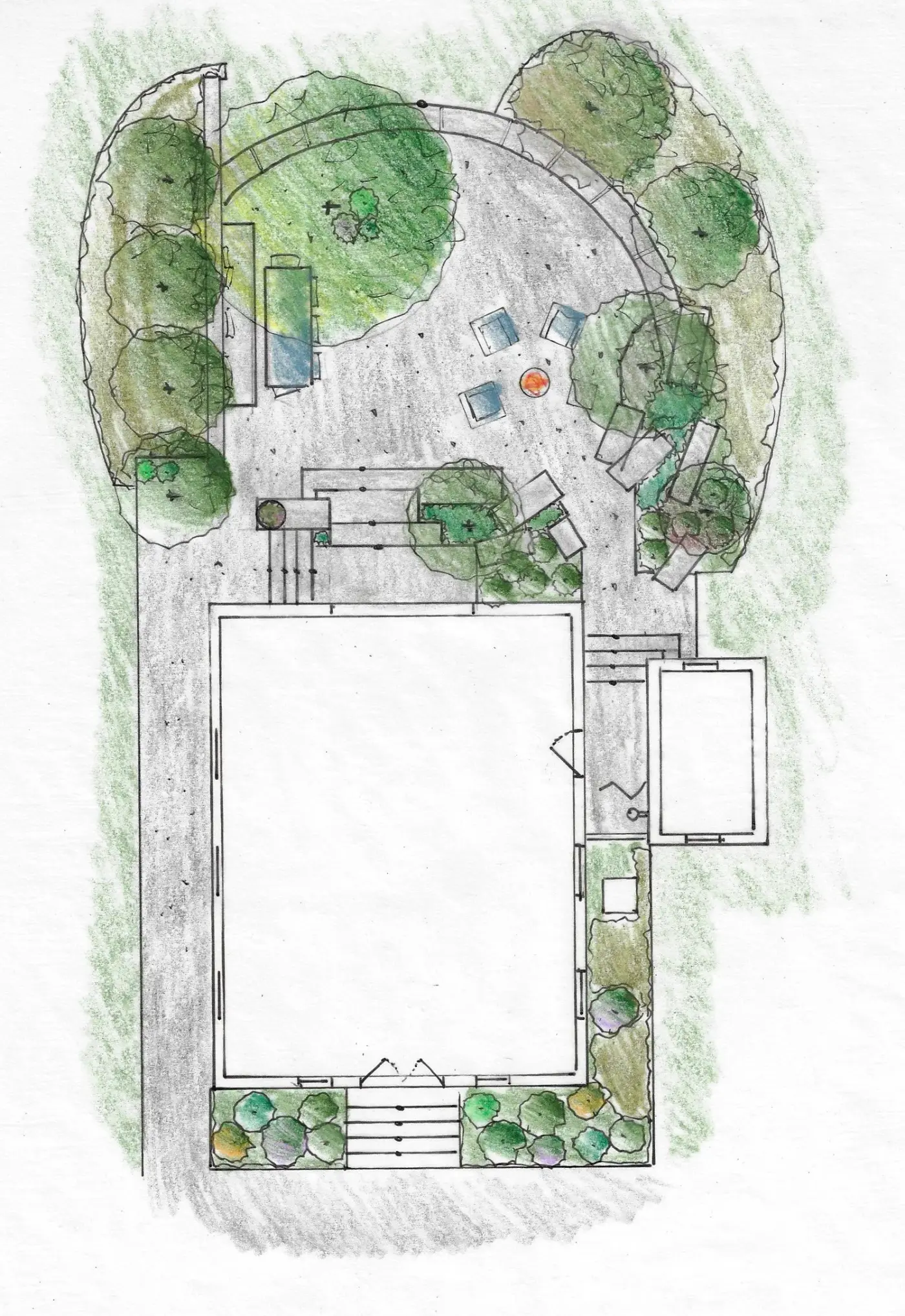 Hand-colored plan of a rear garden