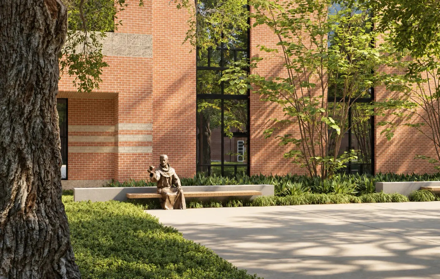 Rendering of a bronze statue on a bench beside a brick building and trees