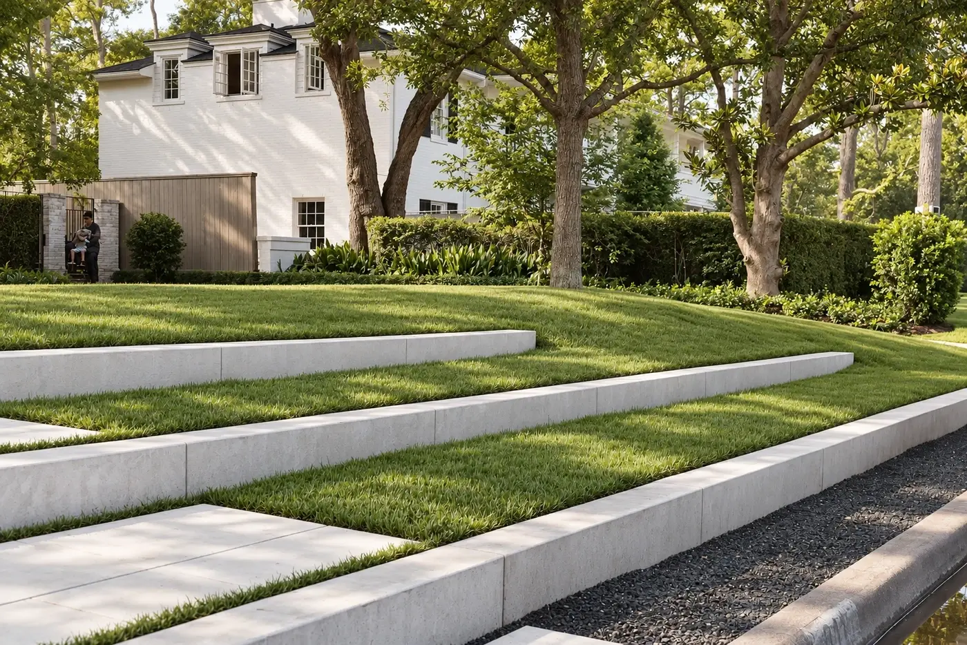 Curved stone terraces stepping across a lawn