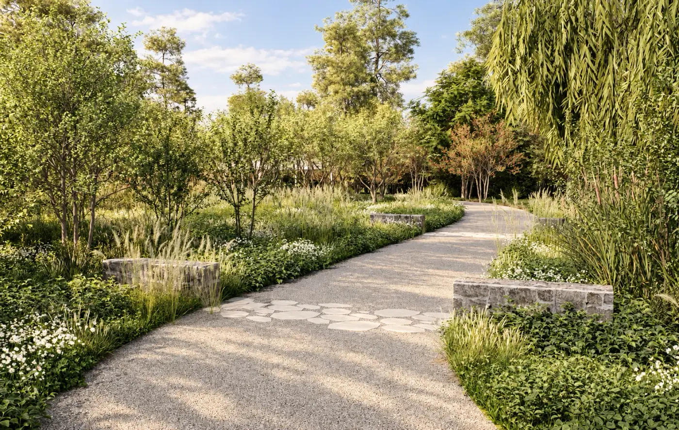 Rendering of a gravel path curving through meadow and willows