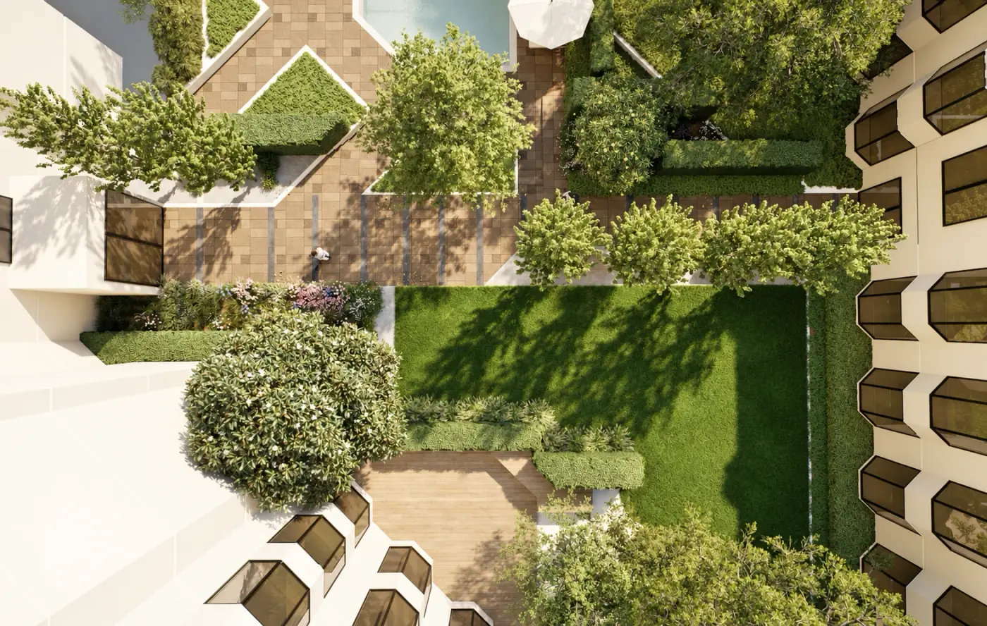 Rendering of a terraced garden with steps, lawn and brick walls seen from above