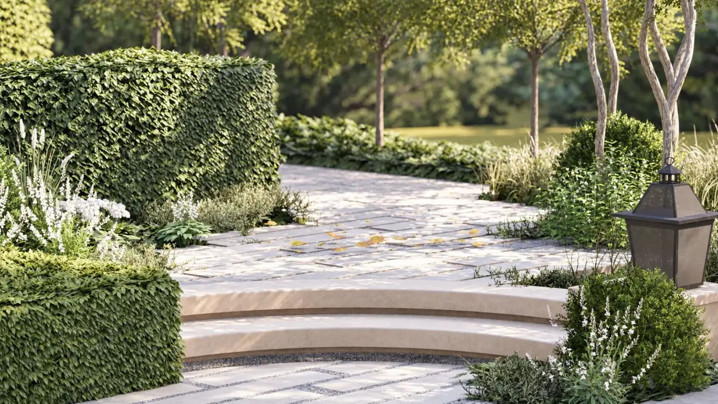 Rendering of a curved stone seat in a hedged garden