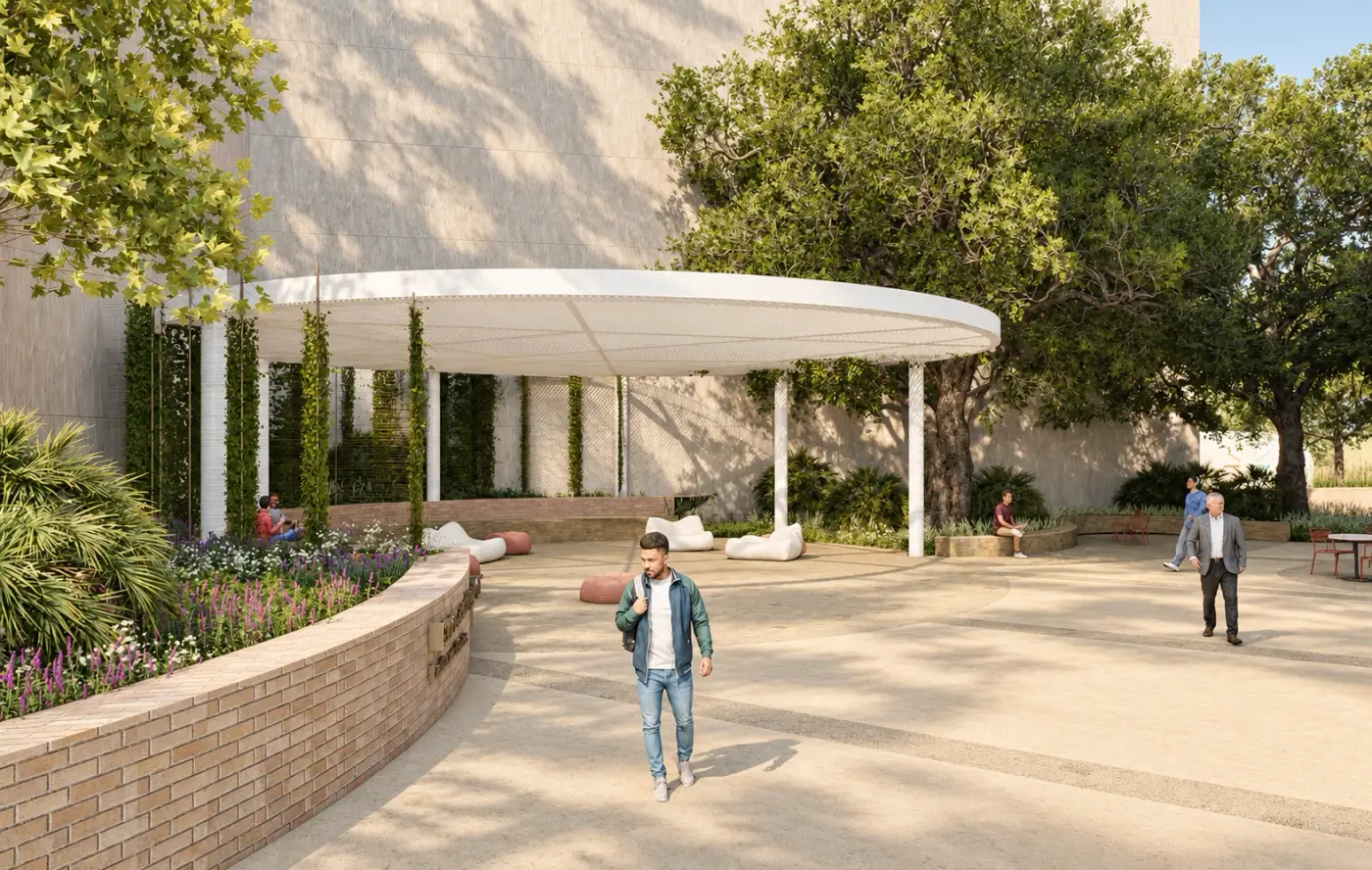 Rendering of a plaza with a curved white canopy and people walking